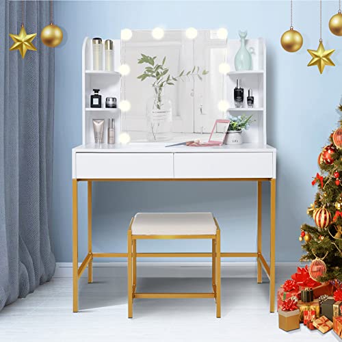 USIKEY Vanity Set with 10 LED Lights, Makeup Table with 6 Storage Shelves & 2 Drawers, Vanity Table with Cushioned Stool for Christmas Day, Makeup Vanity Table for Women, Girls, Bedroom, Gold-White