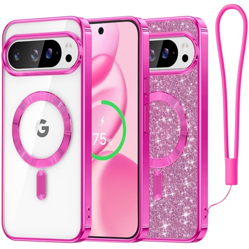 Coque Pixel 10 Pro XL Meifigno rose pailletée avec dragonne MagSafe