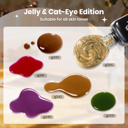 Image of Beetles Gilded Lull Cat Eye Gel Nail Polish Set, 6 Colors Jelly Cat Eye Kit | Jelly Red Green Brown Purple Silver Cat Eye Gel Nail Kit Gold Powder Magnetic Soak Off UV Salon DIY Manicure Gift for Women
