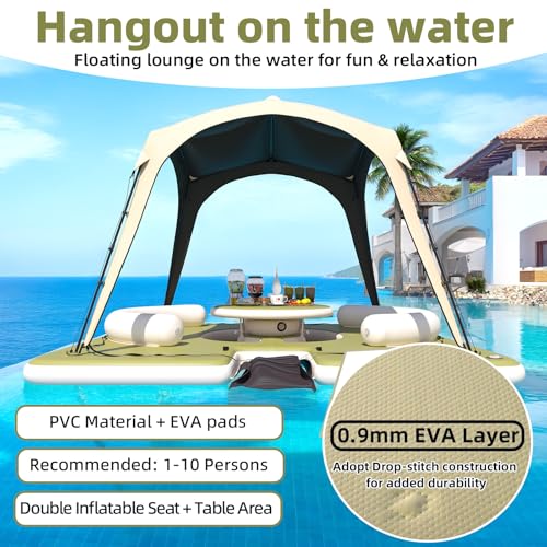 Image of Premium Floating Dock Lounge with Canopy, 11.15ft x 11.15ft Inflatable Water Platform with Ladder, Double Seats, Table & Sunshade, Heavy-Duty PVC for Pool, Lake, Beach