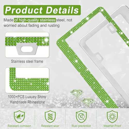 Image of Amiss Bling License Plate Frame for Women, 2Pack Rhinestone Handcrafted Crystal Premium Stainless Steel, Stainless Steel Car Decorative Accessories with Diamond Sparkle Glitter Caps (Green)