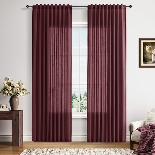 Nanspring Linen Curtains 84 Inches Long for Living Room Semi Sheer Light Filtering Curtain Back Tab Rod Pocket Neutral Boho Modern Farmhouse Decor Window Drapes for Bedroom 52x84 2 Panels Burgundy
