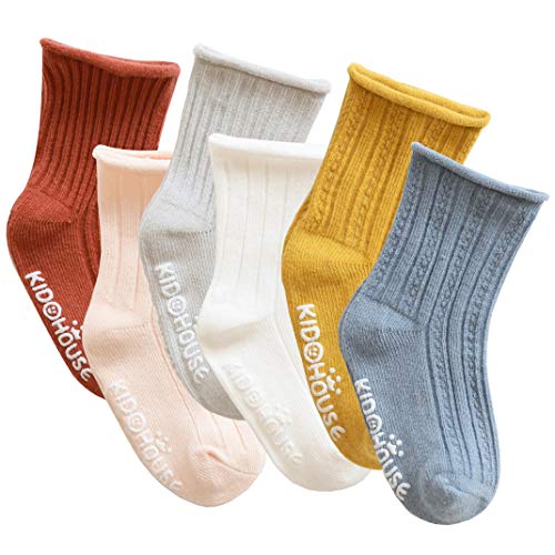 AOOPOO Bebé Calcetines de Suelo de Primavera Verano Otoño para Niños Niñas Bebé, Calcetines de Algodón de Fibra Larga Calcetines Antideslizantes de Color Liso, Paquete de 6 Pares (M, 1-3 años)
