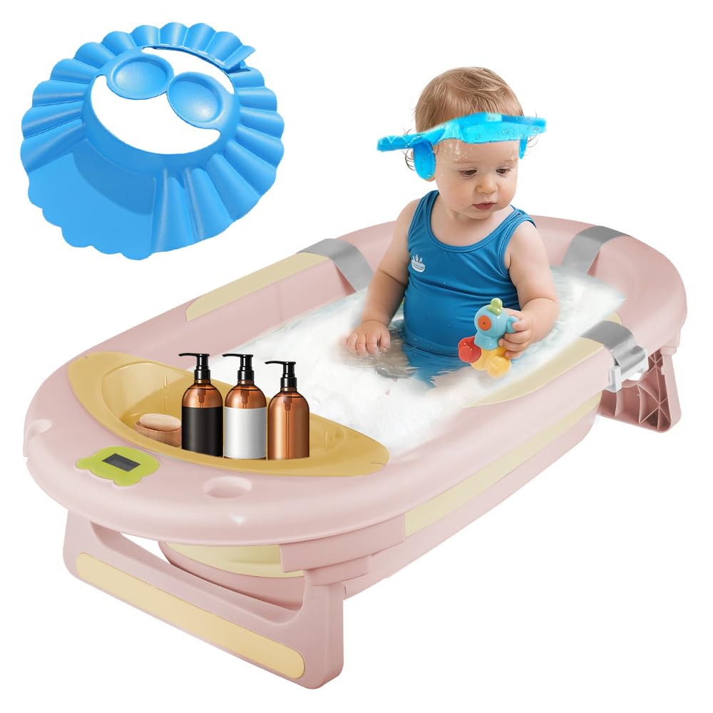 Bañera plegable para bebé con cojín de baño, ergonómica, antideslizante, para recién nacidos, bebés de 0 meses+, bañera termostática con alfombrilla de baño y gorro de ducha