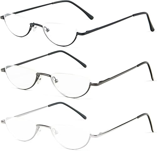 Miniatura 10 de REAVEE Paquete de 4 lentes de lectura de media lente para mujer, diseño retro, aleación de resorte, marco de metal, lectores de media luna con