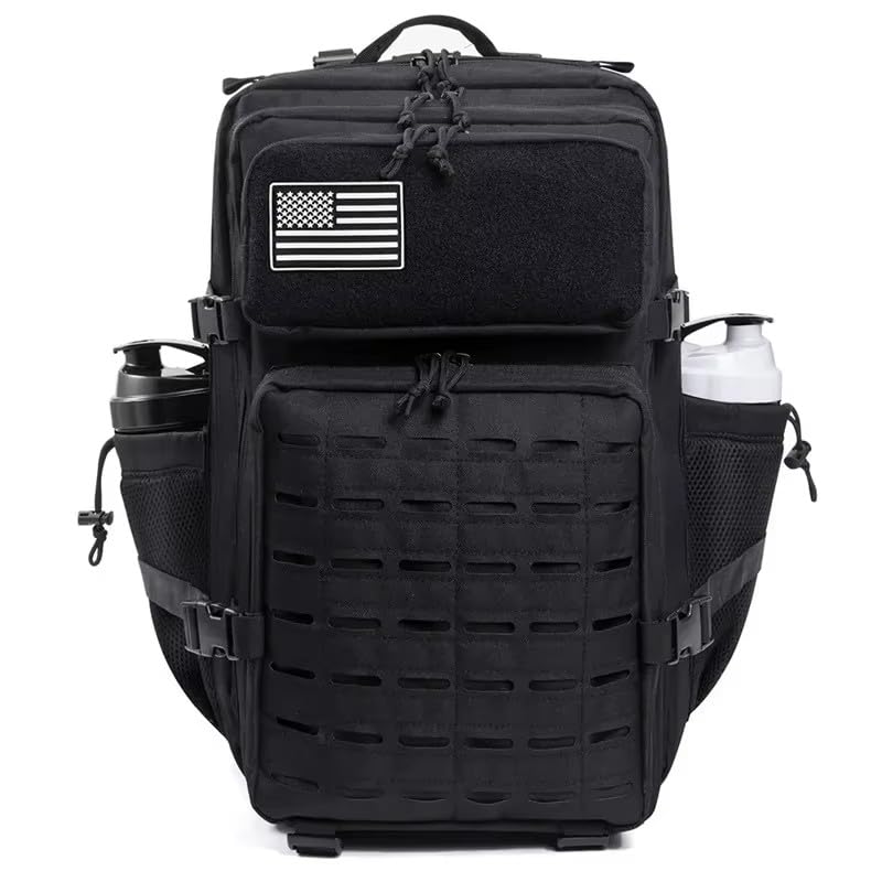 Mochila Tática Militar 25L com Sistema MOLLE, Corte a Laser, 40x25x25cm, com Suporte Duplo para Garrafa, para Caminhadas, Sobrevivência e Academia (Preto)