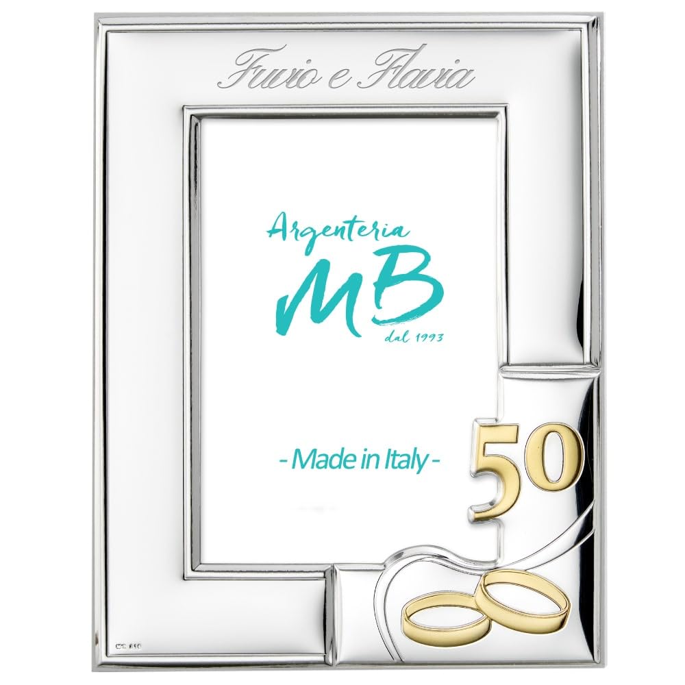 Portafoto per il Cinquantesimo 50 Anniversario di Matrimonio con Cornice in Argento Lucido e Incisione dei nomi Inclusa (Argento, Foto 10x15 cm)
