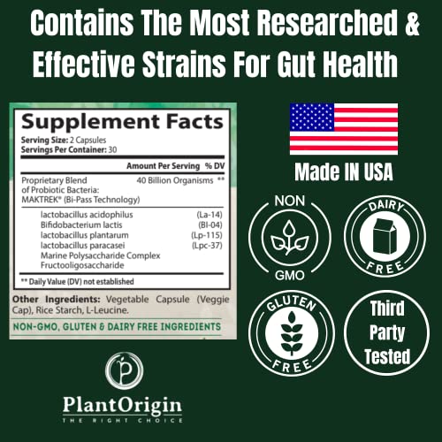 Plantorigin Probiotic Extra Care | 40 Billion Cfu With Lactobacillus Acidophilus & Diverse Strains | Digestive & Immune Health Supplement For Men & Women | Non-Gmo, Shelf Stable | 60 Capsules #TOP3
