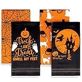 AnyDesign Halloween Kitchen Dish Towels 18 x 28 Inch Happy Halloween Tea Towel Dishcloth Orange Black Web Cat Witch Trick or Treat Drying Cloth Towel Hand Towel for Cooking Baking Bathroom, 4 Pack