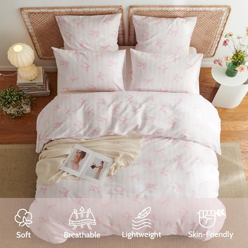 Image of Bow Duvet Cover Full Size Pink Striped Bowknot Bedding Set Kids Girls Cute Bows Vertical Stripes Soft Breathable Microfiber Comforter Cover Set with Zipper Closure and 2 Pillowcases