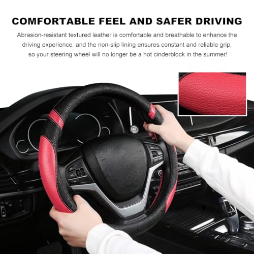 Image of Car Steering Wheel Cover, 15 Inch Premium Leather Breathable Non-Slip Wheels Wrap, Universal Auto Comfortable Steering Wheel Protector for SUV Truck Van, Car Accessories (Rose Red)