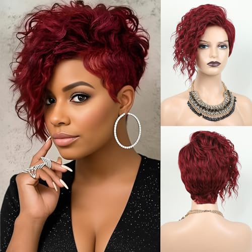 SEVENCOLORS Short Burgundy Curly Wigs for Black Women Wine Red Pixie Cut Wigs with Side Bangs Natural Wavy Synthetic Short Hair Wig