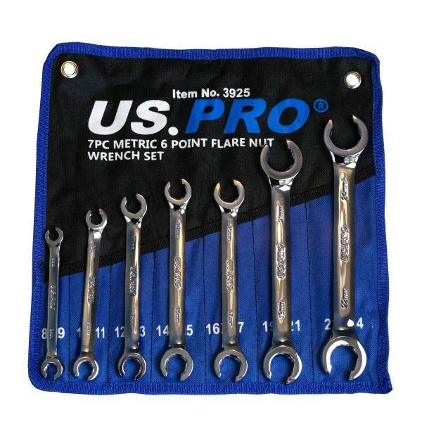 US PRO Tools 7 Piece Metric 6 Point Flare Nut Spanner Wrench Set 8-24mm 3925