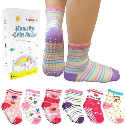 Toddler Grip Crew Socks With Grippers Boys Girls Kids 1-3/3-5/5-7T 6 Pairs