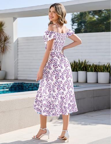 Image of Aupuls Women Off Shoulder Summer Floral Dress 2025 Casual Beach Vacation Midi Dresses