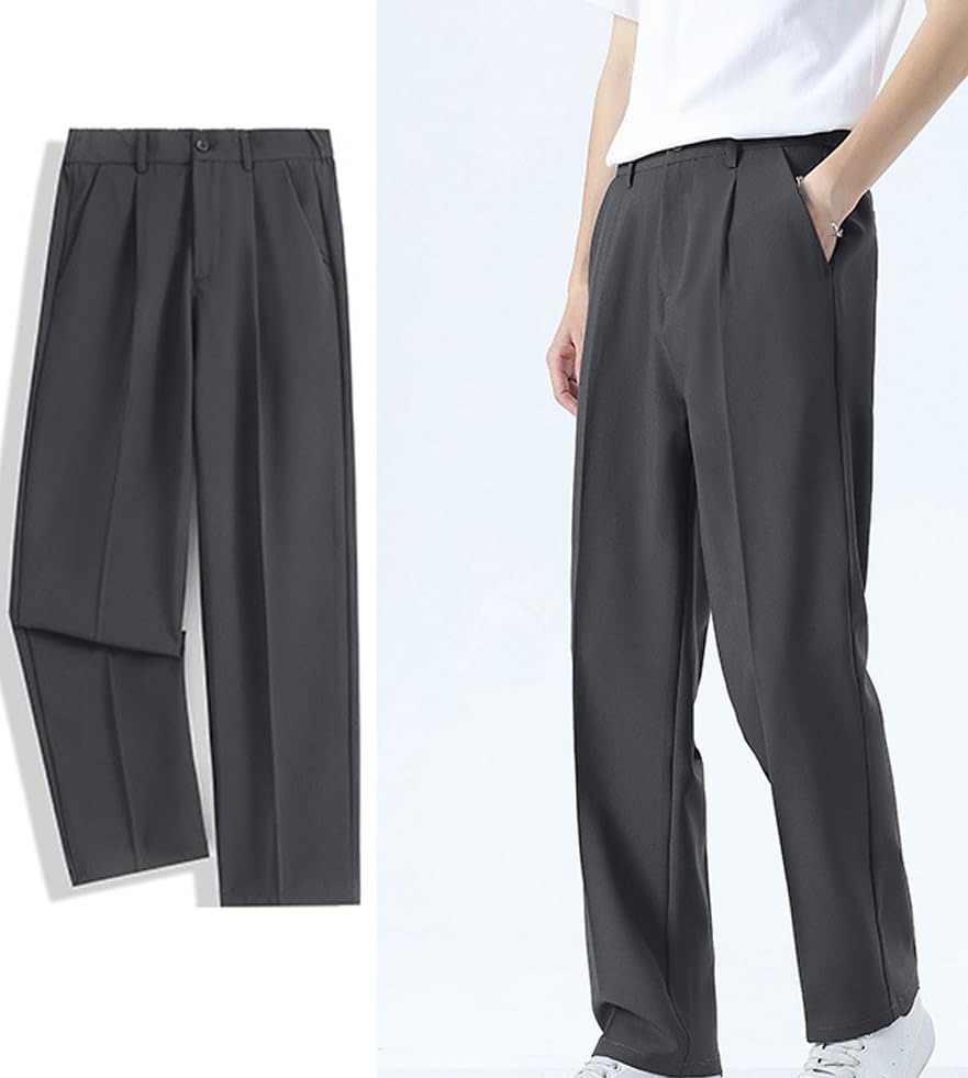 Ice Silk Comfort Stretch Pants for Men Over 50, Casual Elastic Waist Pull On Work Slim Fit Straight Leg Dress Pants4