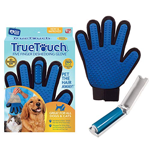 True Touch Five Finger Deshedding Glove- Premium Version, Gentle Grooming, Great Cats & Dog, Long or Short Fur- Includes 1 Authentic Right Hand True Touch & 1 Lint Roller