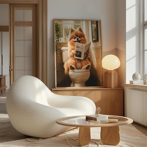 Image of Pomeranian on Toilet Wood Framed Wall Art Print Poster, Dog Bathroom Humor Decor Posters Prints for Restroom Home Picture Painting Artwork Gallery 7 (Pomeranian, 11 inchW x 14 inchL, Wood Frame)