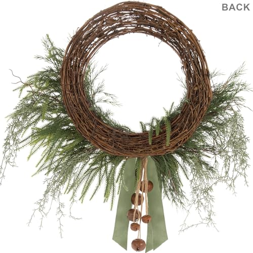 Hobby Lobby Cedar & Jingle Bells Half Wreath, 29 x 29 inches, Green Velvet Bow, Rustic Bells, Round Shape
