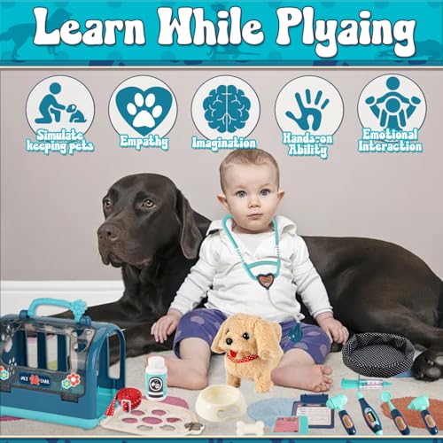 STAY GENT 17Stück Interaktives Tierarzt Arztkoffer Kinder mit Plüsch-Hund, Käfig & Stethoskop, Spielzeug Hund mit Leine Läuft & Bellt, Tierarzt Rollenspiel Geschenke für Kinder 3-8 Jahre