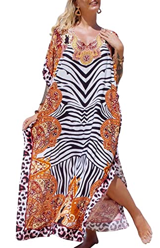 Orshoy Damen Sommerkleid Kurzarm Tief V-Ausschnitt Print Übergröße Kaftan Beach Long Dress Casual Loungewear Swimsuit Cover Up Mit Schlitz B-Zebra...
