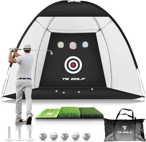 TS GOLF - Golf Practice Net - 10x7ft golf game set-XL Tri-Turf Golf net and Mat, 5 Golf Balls, 3...