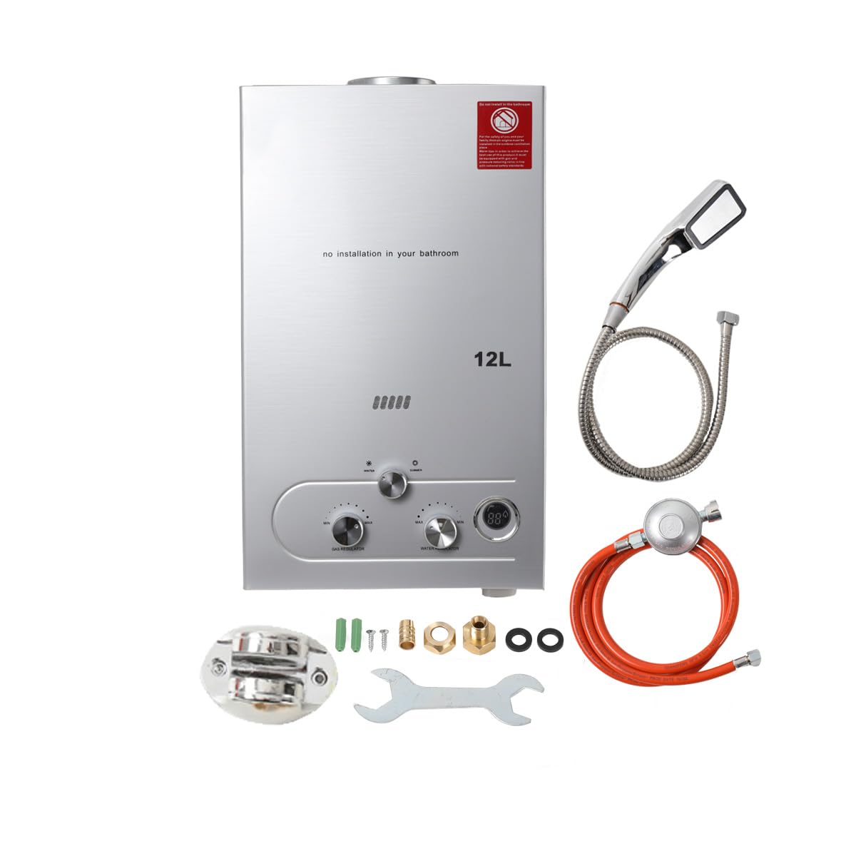 24KW 12L LPG Gas Durchlauferhitzer mit Gasdruckregler, Propangas Campingdusche für Dusche im Außenbereich Dusche Bad Warmwasser Camping Dusche Warmwasserbereiter mit CE-Zertifizierun, Silber
