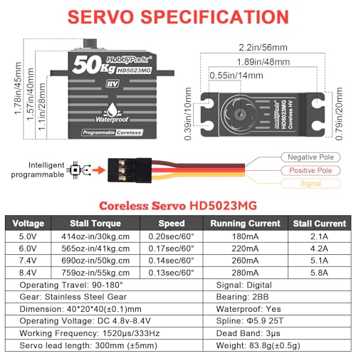 HobbyPark Waterproof 50KG High Torque RC Servo Coreless Motor 8.4V HV Servo Metal Gears Stainless Steel Programmable for 1/8 1/10 1/12 RC Crawlers RC Trucks RC Cars Buggy Robotic Control Angle 180°