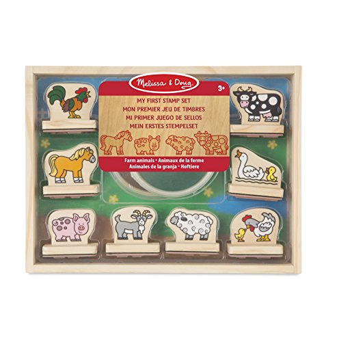 Melissa & Doug Jeu de timbres en bois Animaux, Tampons, Cadeau pour filles et garçons, 8 timbres et 2 tampons d’encre, Jouet créatif, Loisirs créatifs pour filles et garçons de 3 4 5 6 7 ans