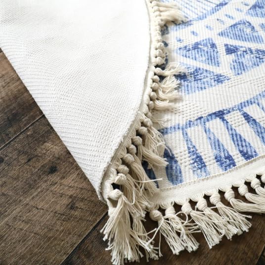 Tapis rond en coton blanc à franges - Aztèque - Motifs bleu - Rond Ø 150 cm