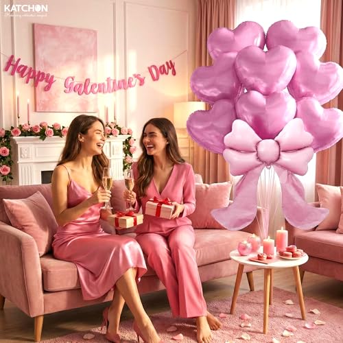 Image of KatchOn, Heart & Bow Balloons Set Pack of 9 Pink | Valentines Day Decorations Party | Heart Shaped Balloons, Pink Bow Balloons Pink | Valentine Decorations| Valentines Day Balloons