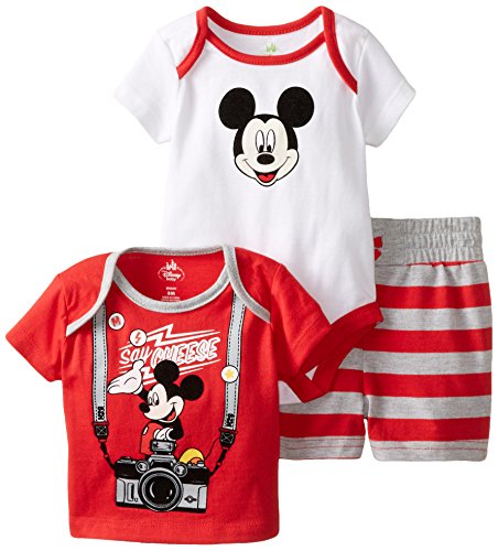 Disney Ensemble de 3 pièces Mickey Mouse pour bébé garçon, Blanc/rouge/rayures, 9 mois