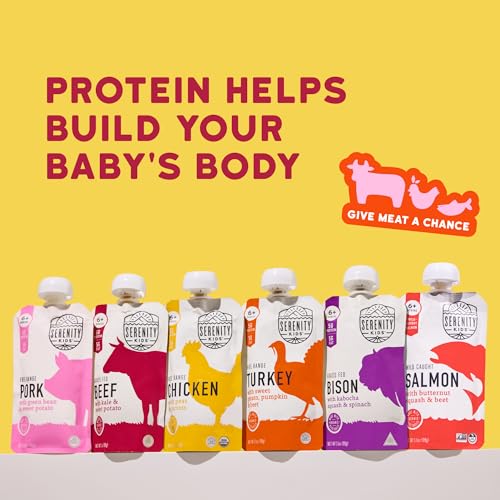 Image of Serenity Kids Baby Food Pouches, 5g Protein,No Added Sugar, 3.5 Oz, 24 Pack | More Filling Snack or Meal, No Added Sugar, Six Meat & Veg Purees, Organic Baby Food with Meat, For Travel & Daycare