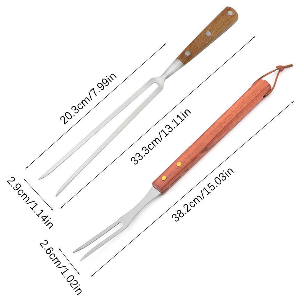 2 Piezas Tenedor para Carne, Tenedor Trinchador en Acero Inoxidable, Mango de Madera, Cuchillo Carnicero para Deshuesar, Tenedor para Trinchar, Tenedor de Parrilla Barbacoa (33.3cm/38.2cm)
