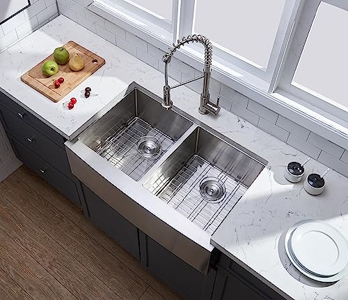 Image of SHACO 33 Inch Stainless Steel Farmhouse Sink, 50 /50 Double Bowl Apron Front Farm Sink for Kitchen, Brushed Nickel