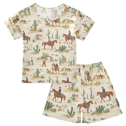 ALAZA Cowboy Cactus Pajamas Set Short Sleeve Cotton Sleepwear Summer Pjs 2 Piece 5-14Y