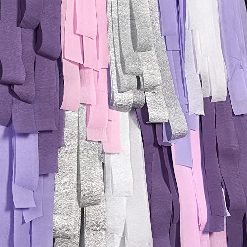 Image of PartyWoo Crepe Paper Streamers 6 Rolls 492ft, Pack of Metallic Silver, Lavender, Purple, Pastel Pink, Pink, White Crepe Paper for Birthday Decorations, Baby Shower Decorations (1.8 Inch x 82 Ft /Roll)