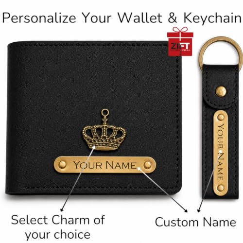 Image of Zift Personalized Name & Charm Leather Wallet & Keychain Gift Set for Men | Custom Name Engraved Wallet with Keychain | Birthday Anniversary Diwali Corporate Gifts for Men (Midnight Classic)