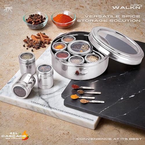 Image of WALKN 12 in 1 See Through Stainless Steel Masala box for Kitchen | Spice Box | Spice Organiser | Masala Daani | Masala Dabba with 9 Containers and Small Spoons | 2.5L