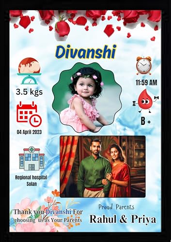 Image of Personalized Baby Birth Announcement Photo Frame, Marble Design with Birth Details and Parents Photo, A4 Size Black, 2 Photo(s), 10 X 13 Send photos WP -8905457154, Order id, Birth Memory Photo Frame (1, blue)