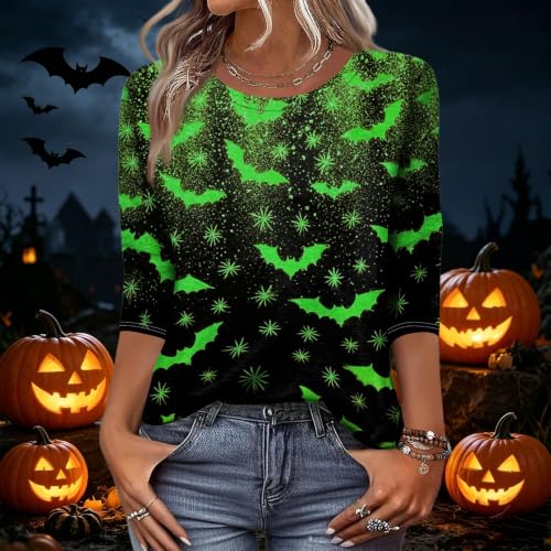 Image of Women Spooky Halloween Graphic Shirt 3 /4 Length Sleeve Crewneck Top | Halloween Funny Printed Pumpkin Plus Size Tshirts 2026 Fall Outfits Skeleton Tee Going Out Tops