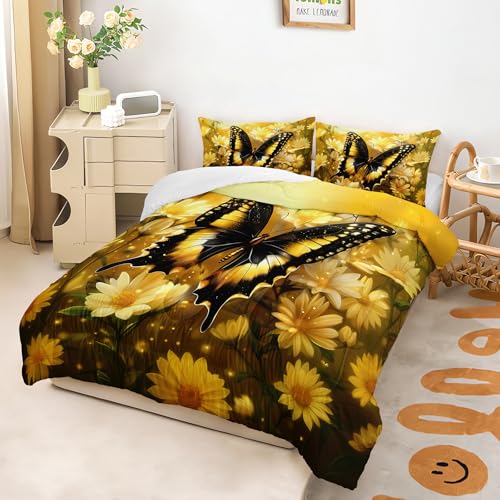 Image of AILONEN Girls Butterfly Comforter Set Full Size,Yellow Sunflowers Bedding Set for Bedroom Decor,3-Piece Nature Theme Floral Quilt with 2 Pillowcases