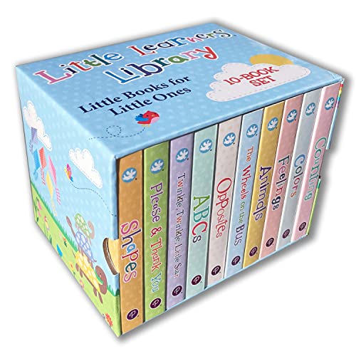 Image of Little Learners 10 Board Book Library Set Includes Counting, Colors, Feelings, Animals, The Wheels on the Bus, Opposites, ABCs, Twinkle Twinkle Little Star, Please & Thank You, and Shapes