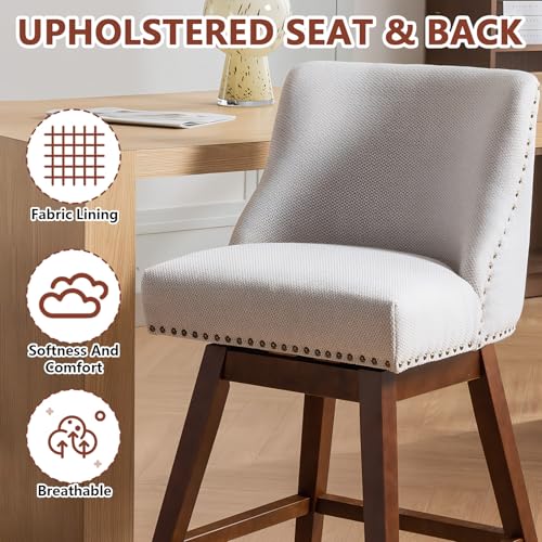 Majnesvon Sillas de Barra Giratorias Juego de 2, 26" de Altura de Asiento, Taburetes Tapizados con Patas de Madera Maciza y Respaldo para Isla de Cocina Comedor y Pub (Beige) miniatura 6