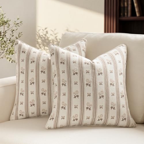 NextArt Floral Striped Pillow Covers 18x18 Vintage Farmhouse Pillows Covers Set of 2 Vintage Floral Throw Pillows Coco Brown Block Print Pillow Cover with Durable Double-Sided Jacquard