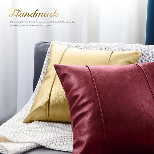 Image of BRAWARM Burgundy Leather Throw Pillow Covers 22 X 22 Inches - Faux Leather Pillow Cover with Piping, Hand Stitched Leather Throw Pillow for Couch Sofa Bed Living Room Home Decorative
