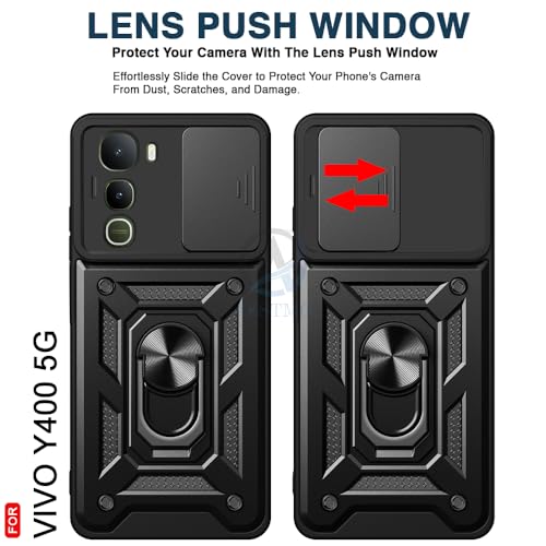 Image of AESTMO Tough Armor Vivo Y400 5G Bumper Back Case Cover | Ring Holder & Sliding Camera Shield Cover | 360 Degree Protection Back Case Cover for Vivo Y400 5G (Black)