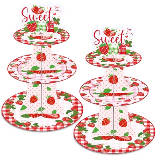 Strawberry Birthday Party Decorations - 3 Tier Berry First Cupcake Stand Fruit Themed Reusable Party Supplies Dessert Tower Holder for Sweet One Birthday Baby Shower