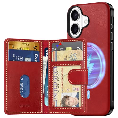 Étui iPhone 16 Shieldon en cuir rouge rétro avec portefeuille magnétique amovible