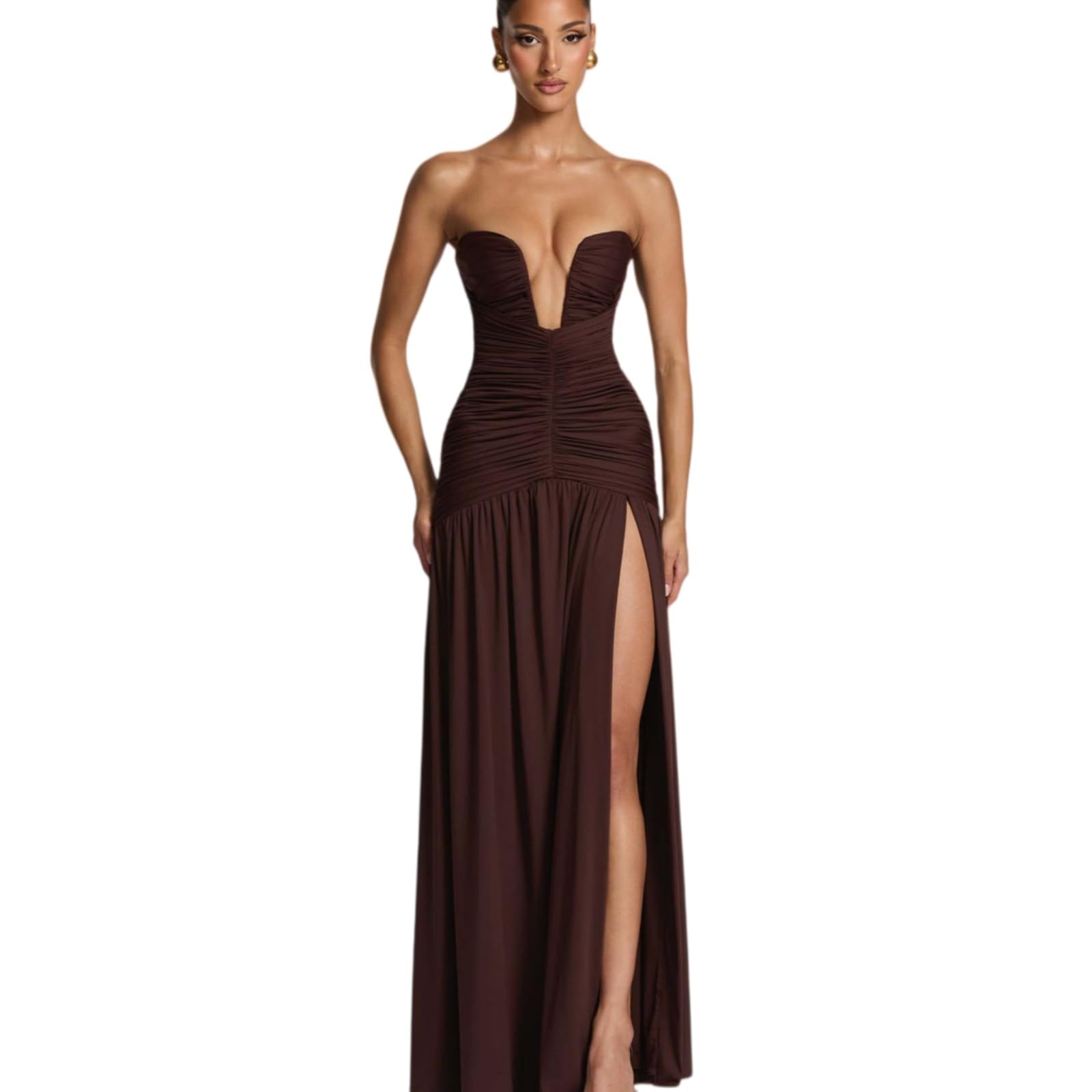Vestito 2026 Donna Elegante Senza Spalline Piegato Maxi Abito, Profondo V-Collo Fuori Spalla Schienale Diviso Abito da Sera per La Festa-Coffee-XL